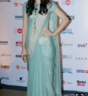 Light Blue Linen Saree with Silver and Blue Border