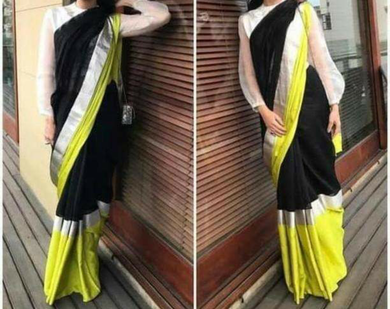 Black and Silver Linen Saree with Yellowish Green Border