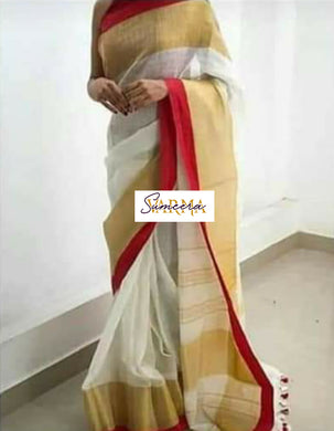 White and Gold Linen Saree with Red Border