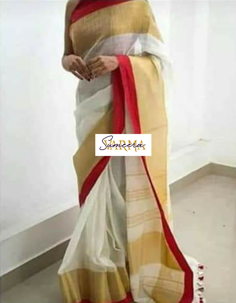 White and Gold Linen Saree with Red Border