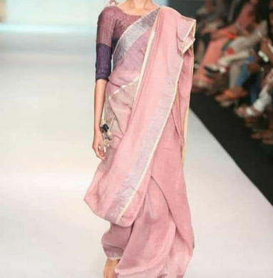 Light Pink Linen Saree with Silver Border