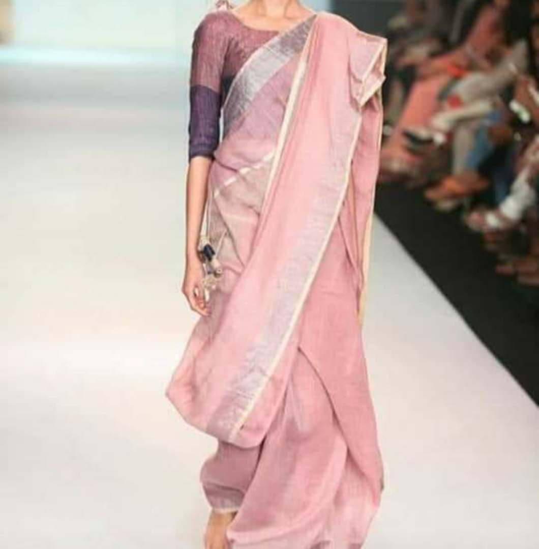 Light Pink Linen Saree with Silver Border