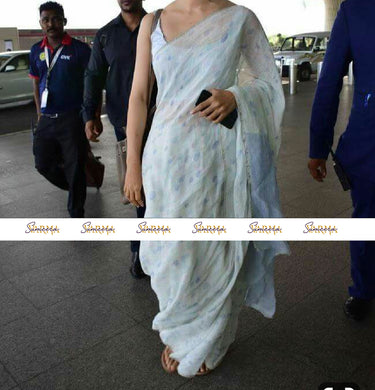 Light Blue Linen Saree with Blue Cirlce Design