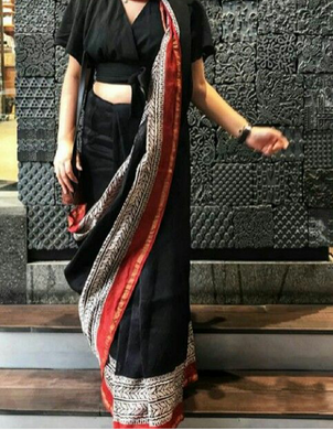 Black Mulmul Saree with Red and Orange Designs