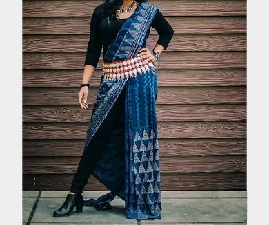 Dark Blue Mulmul Saree with Light Blue Designs