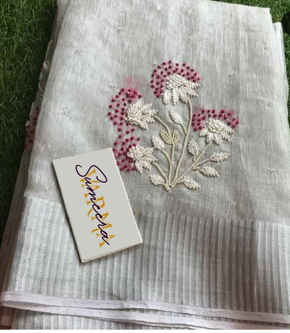 Silver Linen Saree with Silver and Red Design