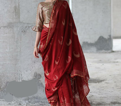 Red Mulmul Saree with Whitish Red Designs