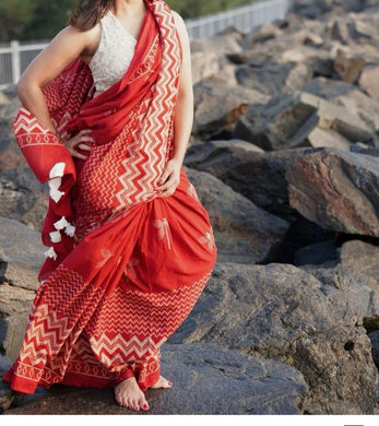 Red Mulmul Saree with Light Yellow Designs