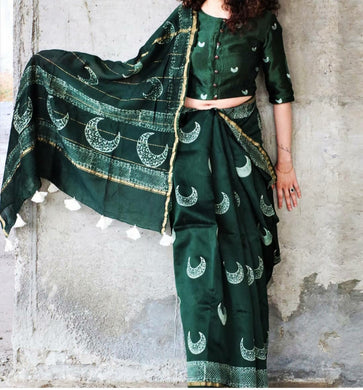 Dark Green Mulmul Saree with Light Green Designs