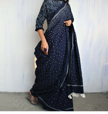 Dark Blue Mulmul Saree with White Designs