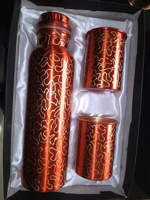 Red Copper Bottle and 2 Glasses with Golden Wiggly Line Design