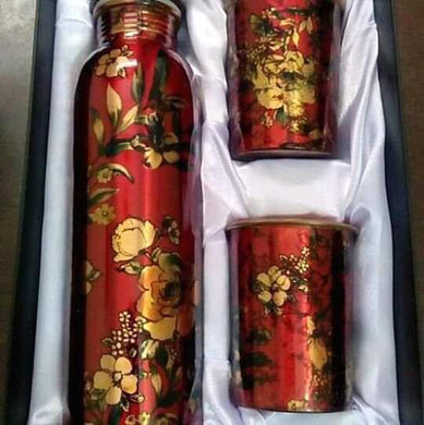 Red Copper Bottle and 2 Glasses with Yellow Floral Design