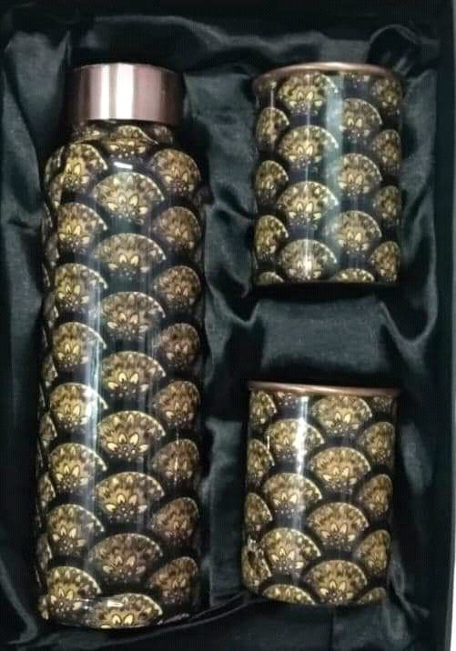 Black Copper Bottle and 2 Glasses with Dark Green Semicircle Design