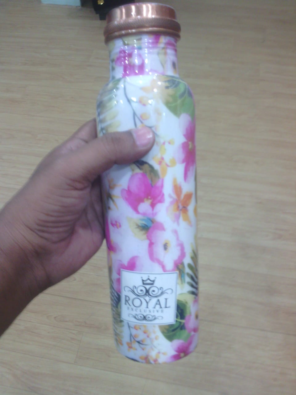 White Copper Bottle with Pink and Green Floral Design