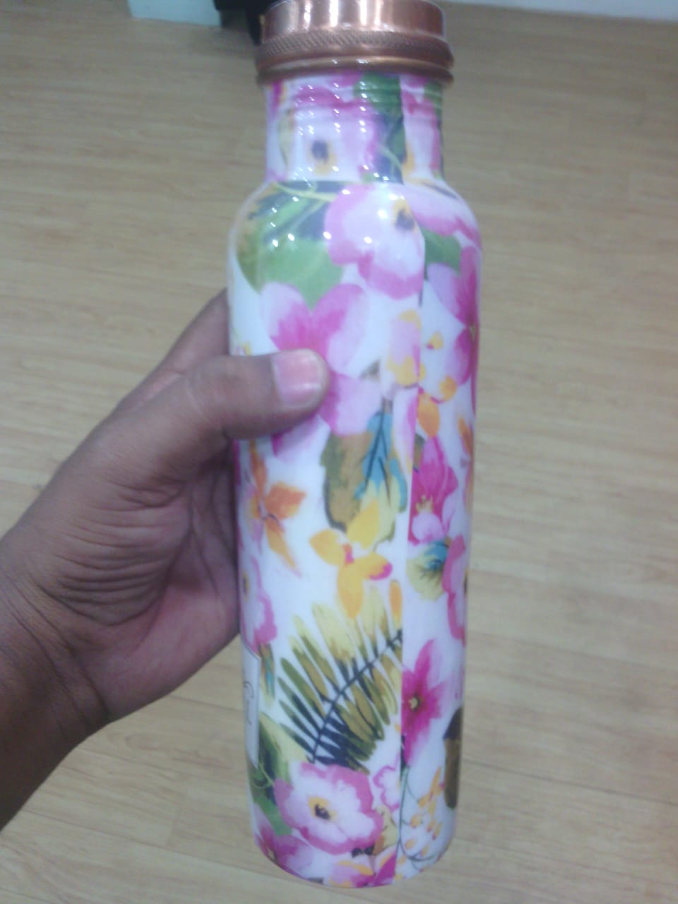 White Copper Bottle with Light Pink and Green Floral Design