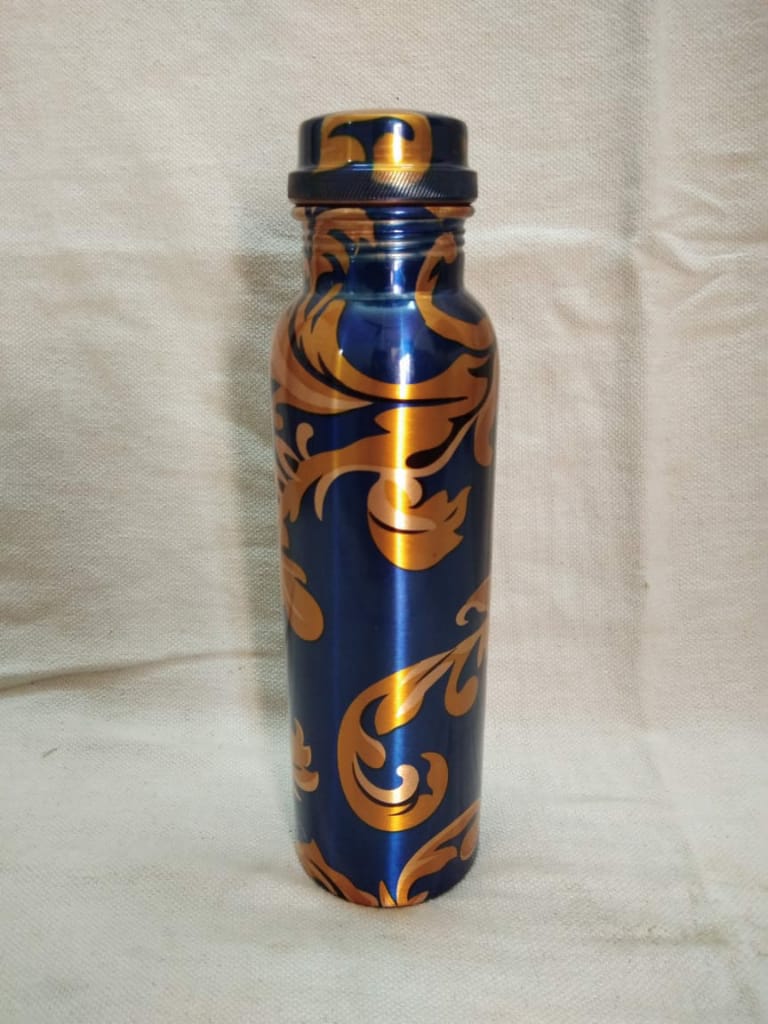 Dark Blue Copper Bottle with Golden Design