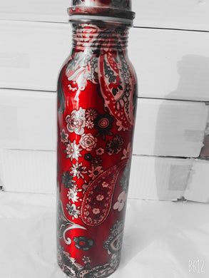 Red Copper Bottle with Grey and Black Floral Design