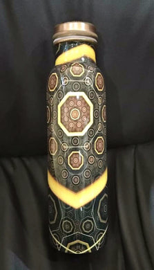 Dark Green Copper Bottle with Yellow and Brown Geometric Design