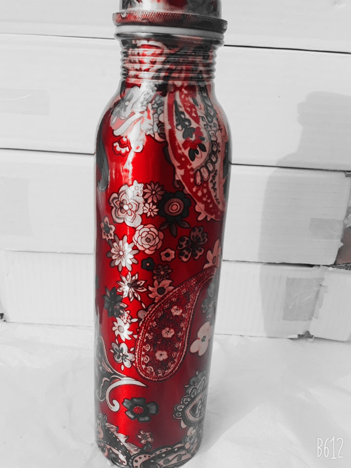 Red Copper Bottle with Grey and Black Floral Design
